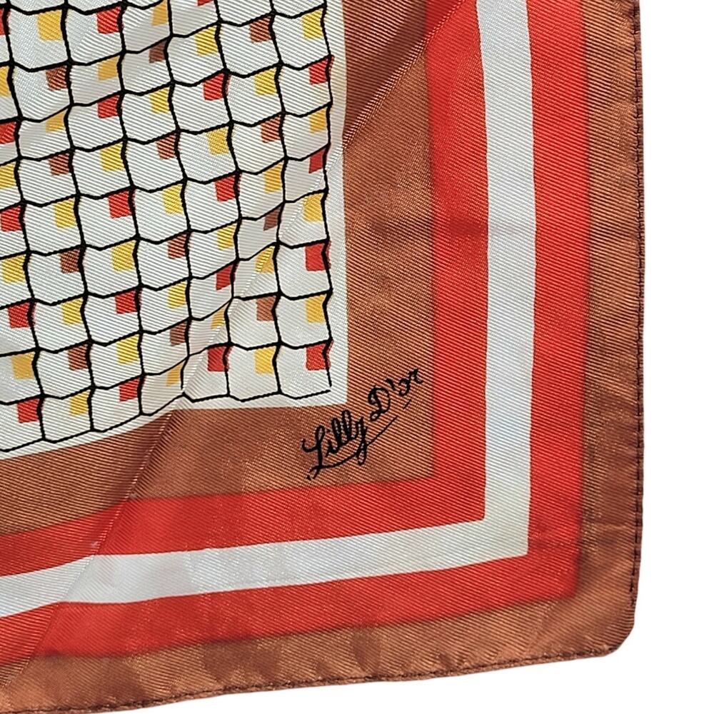 Lilly D'Or Geometric Silk Scarf Brown Red Vintage Mod Cottagecore Accessory